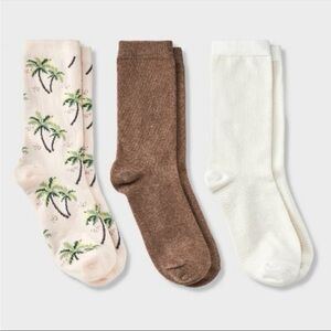 A New Day Women's Crew Socks 3-Pack, Palm Tree, Brown, White, Size 4-10
